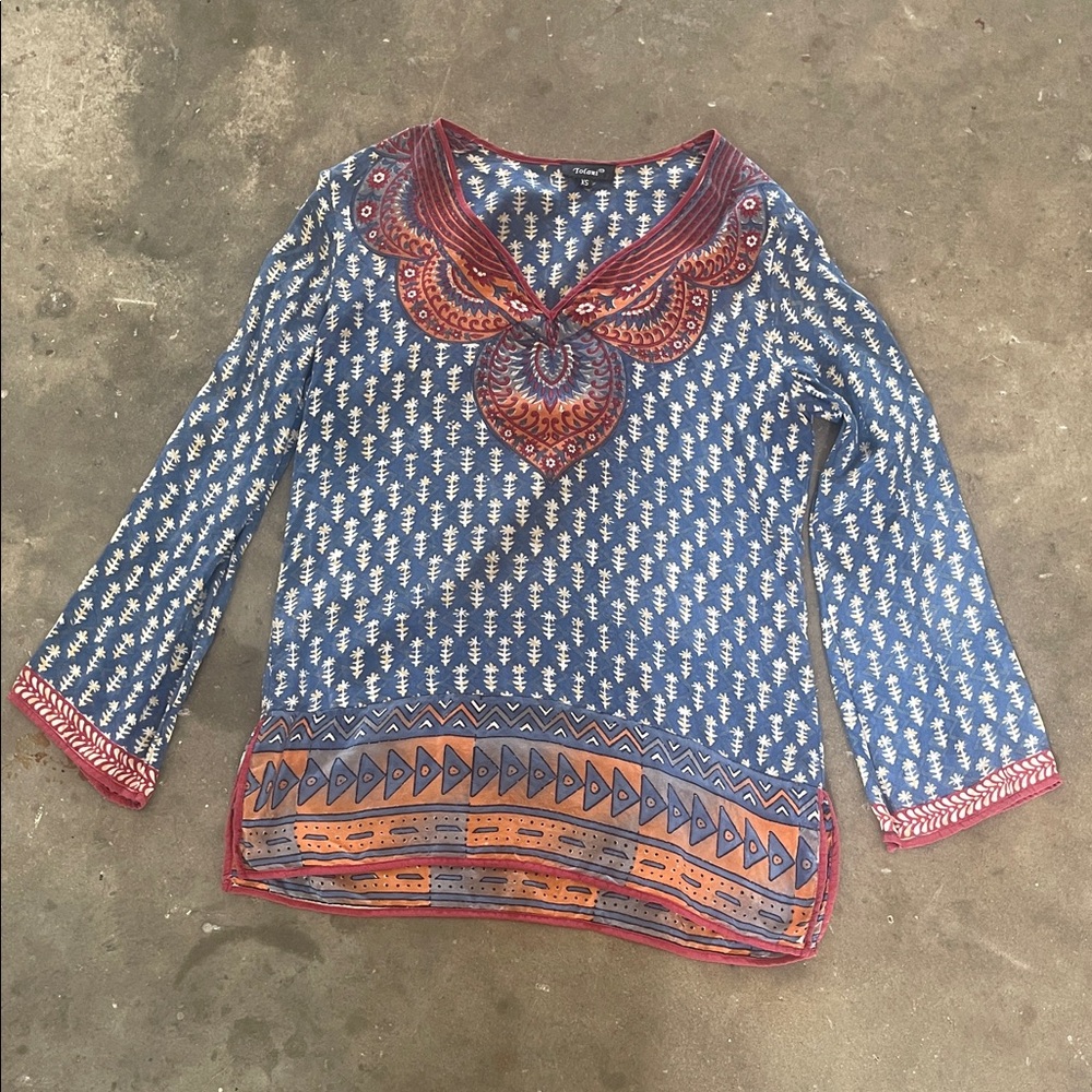 Tolani Blue Tunic with Rust and Cream Folk Print